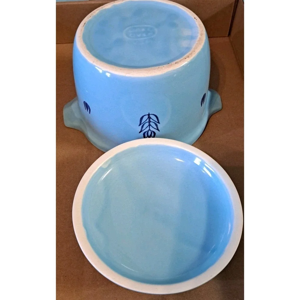 Vtg MCM Cronin Pottery DutchBlue Tulip Pattern Bean Pot Casserole 2 QT Made USA